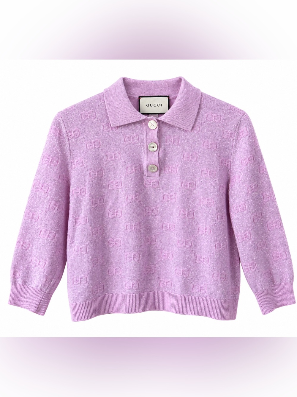Gucci Lilac Polo Knit Top with Tone-on-Tone GG